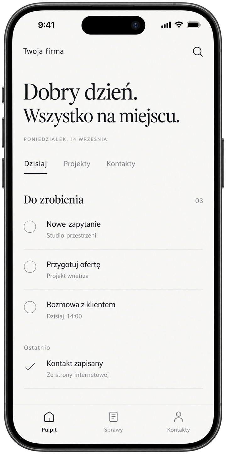 Minimalistyczny system na telefonie: zapytanie ze strony, oferta i rozmowa z klientem w jednym miejscu.